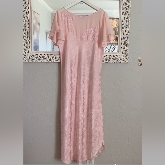 Natori Pink Satin Chemise Nightgown w/ Lace & Flutter Sleeves L/XL - Picture 1 of 7